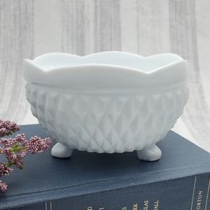 Vtg Diamond Cut Glass White Catchall Bowl Indiana Milk Glass 5 inches